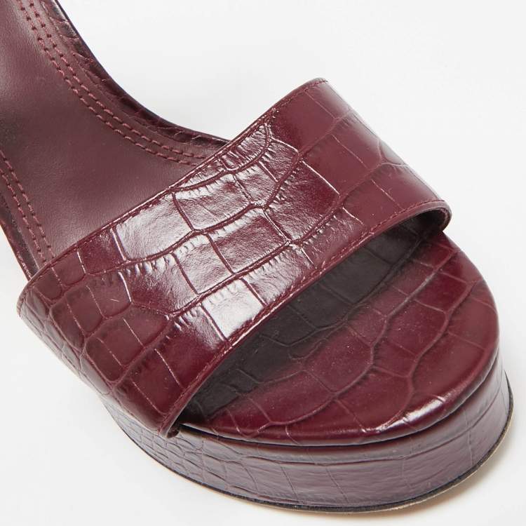 مملوكة مسبقًا Tory Burch Burgundy Croc Embossed Leather martine Ankle Strap Sandals Size 39