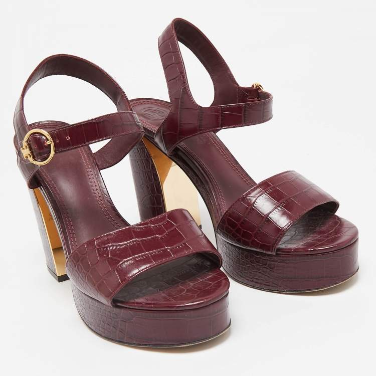 مملوكة مسبقًا Tory Burch Burgundy Croc Embossed Leather martine Ankle Strap Sandals Size 39