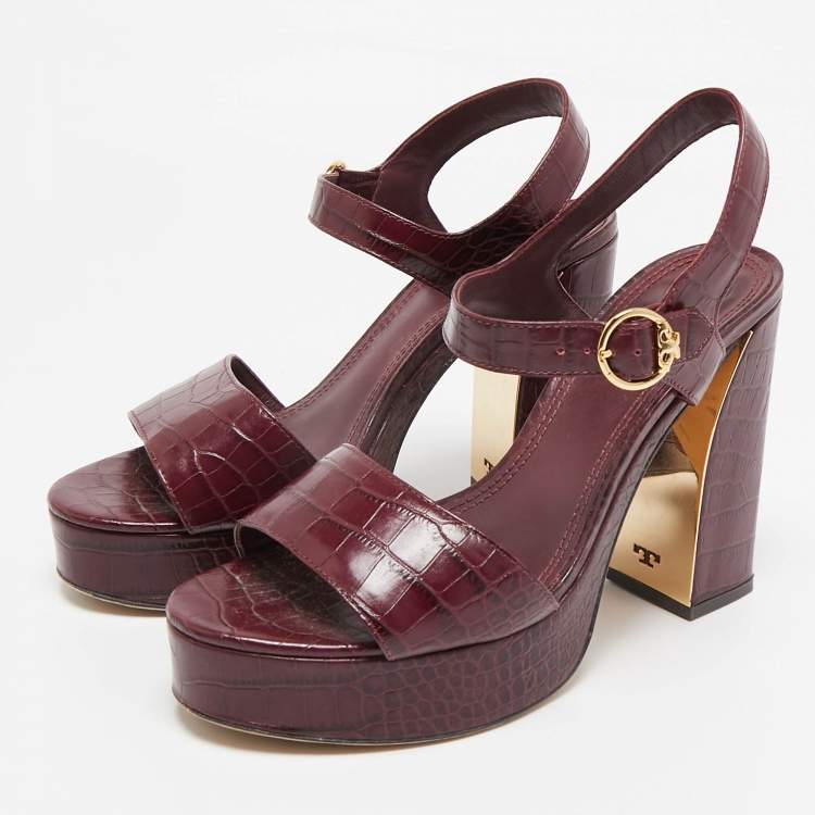 مملوكة مسبقًا Tory Burch Burgundy Croc Embossed Leather martine Ankle Strap Sandals Size 39