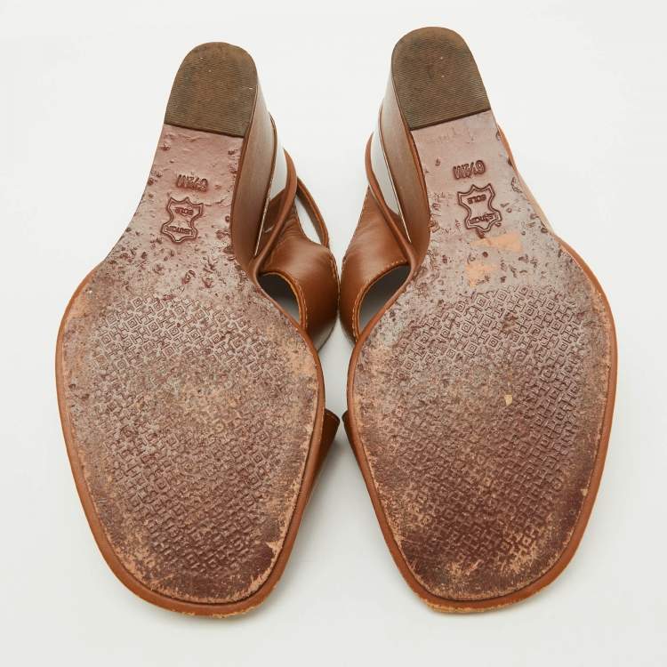 Pre Owned Tory Burch Brown Leather Gabriel Slingback Wedge Sandals Size 36.5