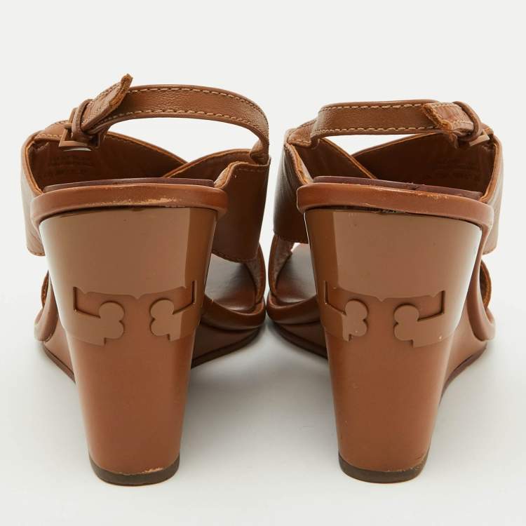 Pre Owned Tory Burch Brown Leather Gabriel Slingback Wedge Sandals Size 36.5