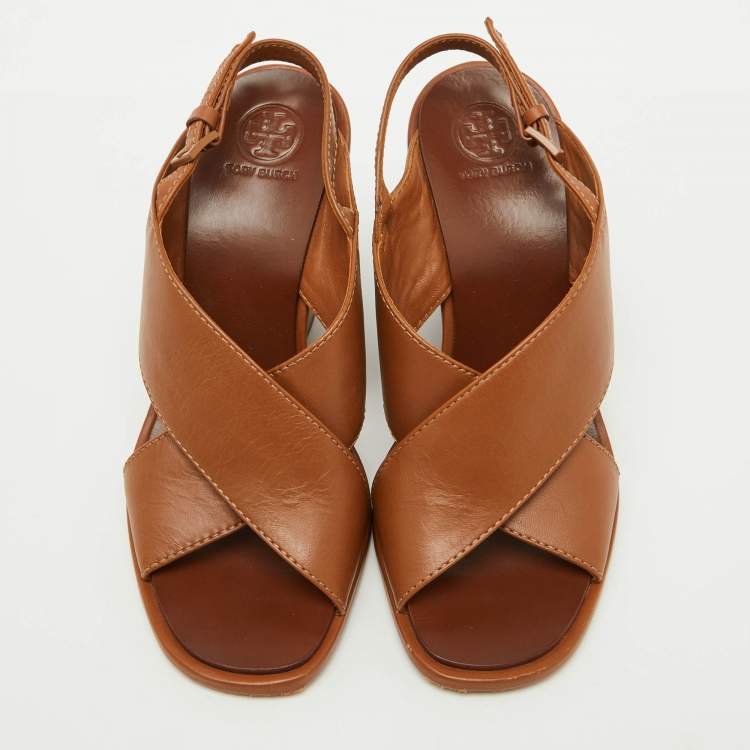 Pre Owned Tory Burch Brown Leather Gabriel Slingback Wedge Sandals Size 36.5