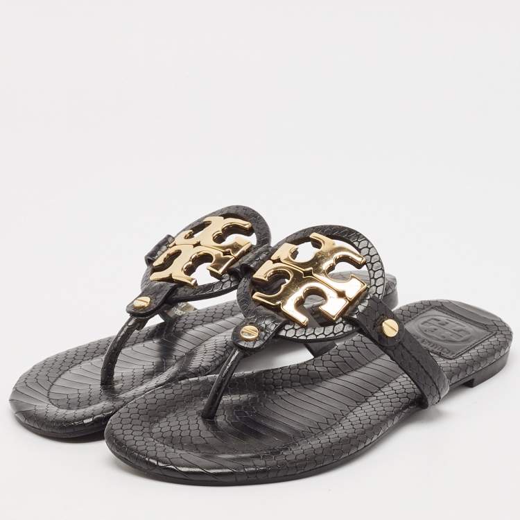 Pre Owned Tory Burch Black Python Embossed Leather Logo Miller Thong Flats Size 35.5