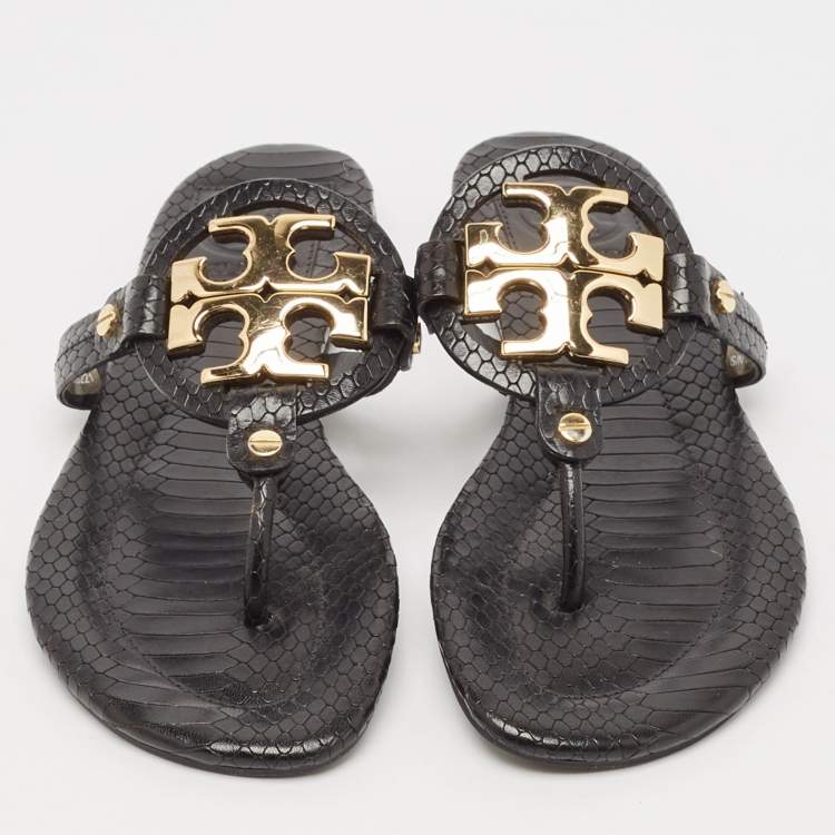 Pre Owned Tory Burch Black Python Embossed Leather Logo Miller Thong Flats Size 35.5