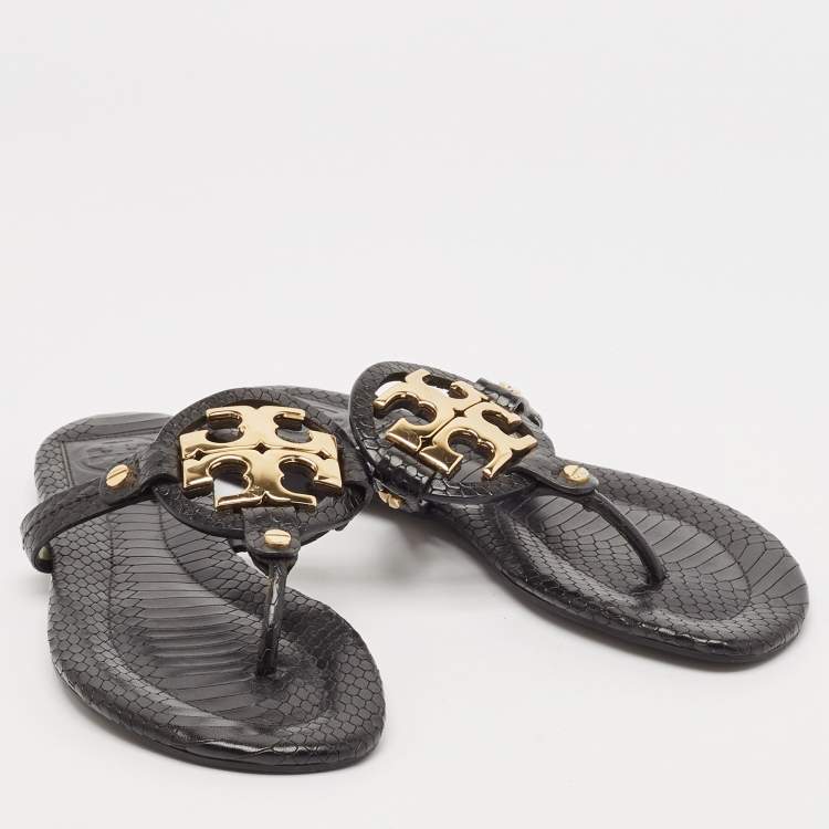 Pre Owned Tory Burch Black Python Embossed Leather Logo Miller Thong Flats Size 35.5