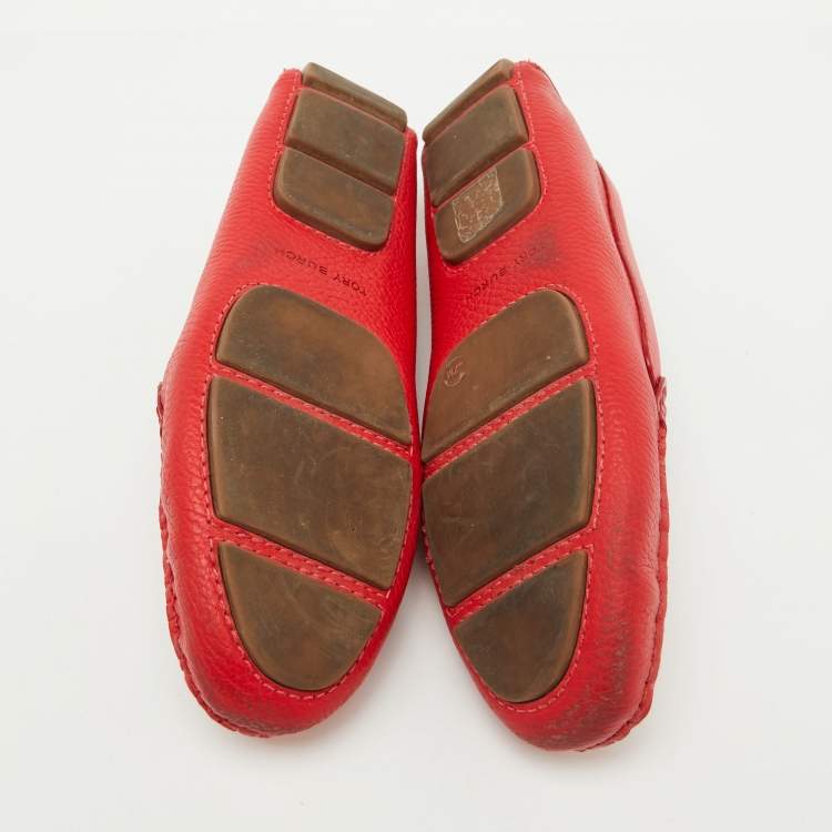 Pre Owned Tory Burch Red Leather Perforated Logo Slip On Loafers Size 37