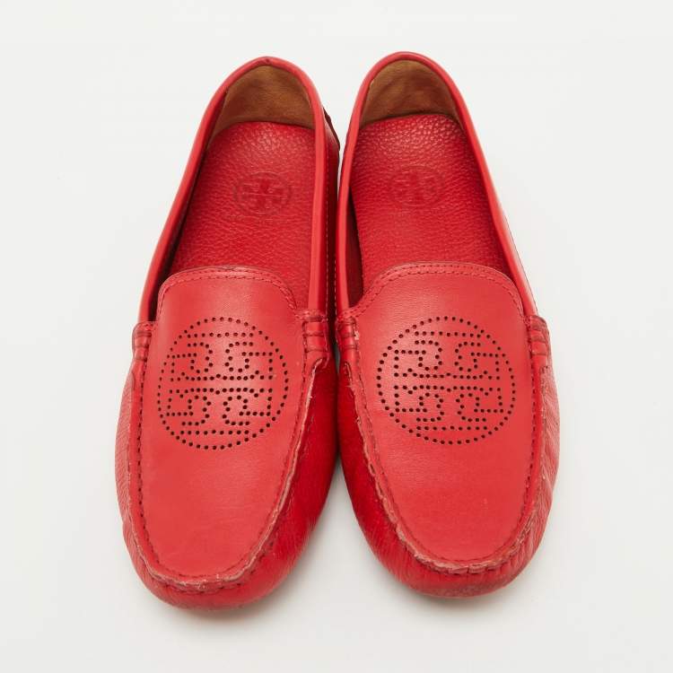 Pre Owned Tory Burch Red Leather Perforated Logo Slip On Loafers Size 37