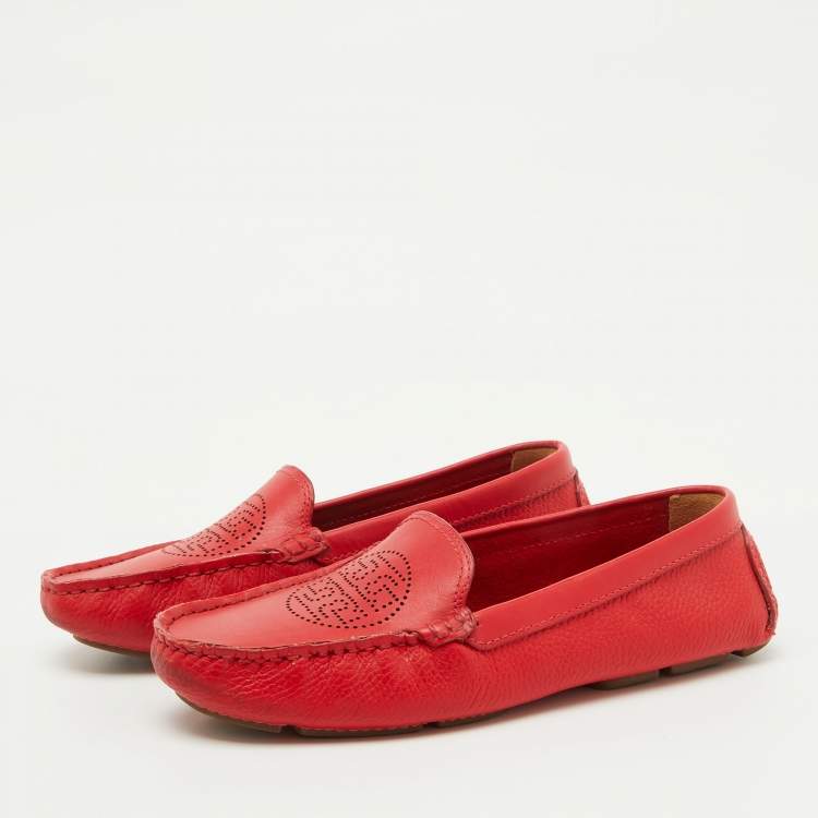 Pre Owned Tory Burch Red Leather Perforated Logo Slip On Loafers Size 37