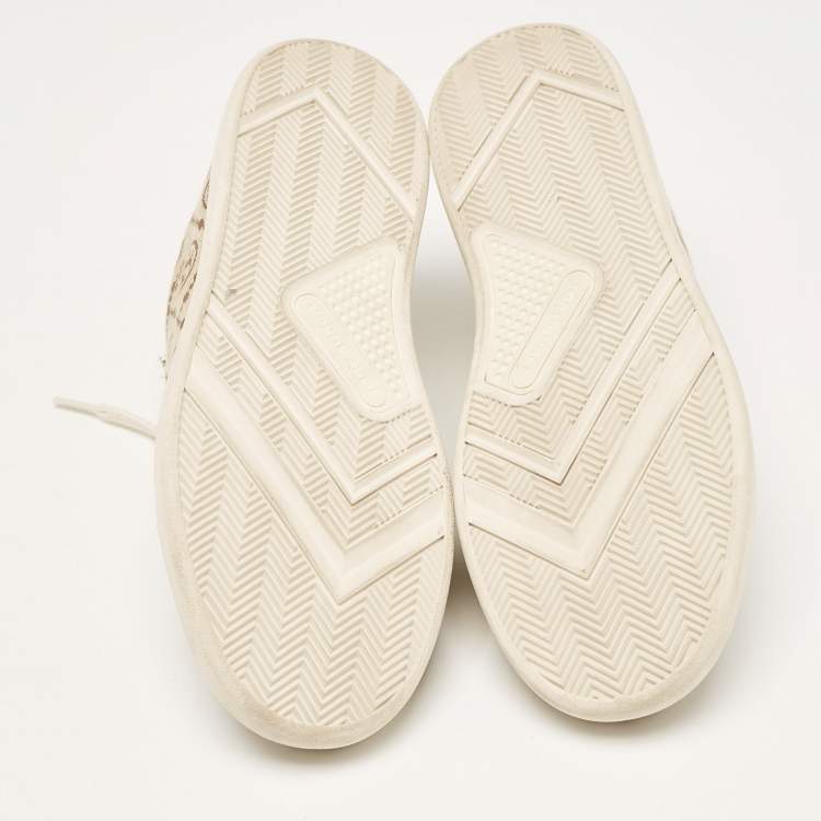 Pre Owned Tory Burch Beige Canvas and Leather T Monogram Lace Up Sneakers Size 38