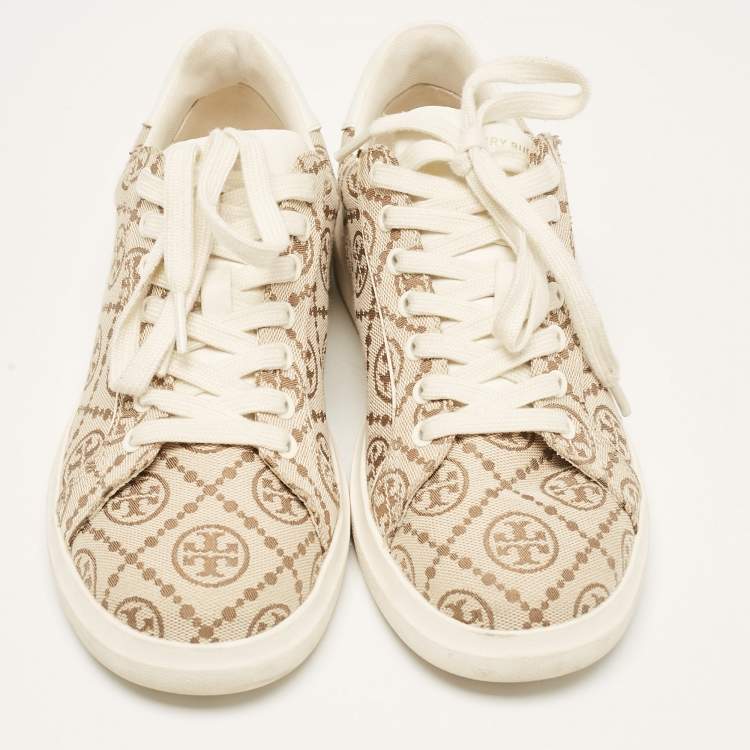 Pre Owned Tory Burch Beige Canvas and Leather T Monogram Lace Up Sneakers Size 38