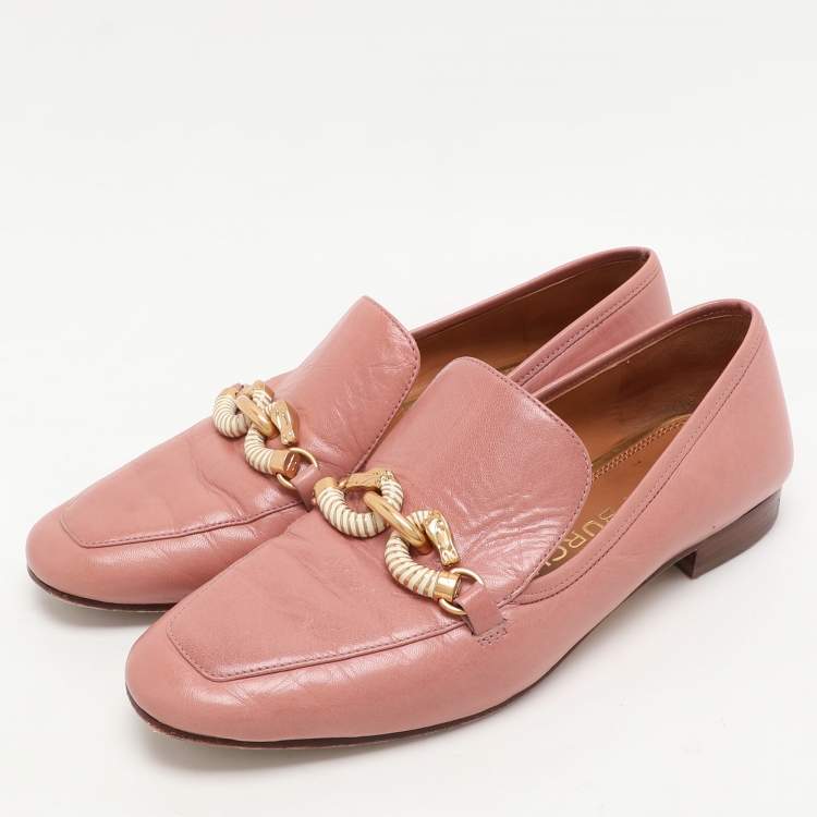 Pre Owned Tory Burch Pink Leather Jessa Loafers Size 38