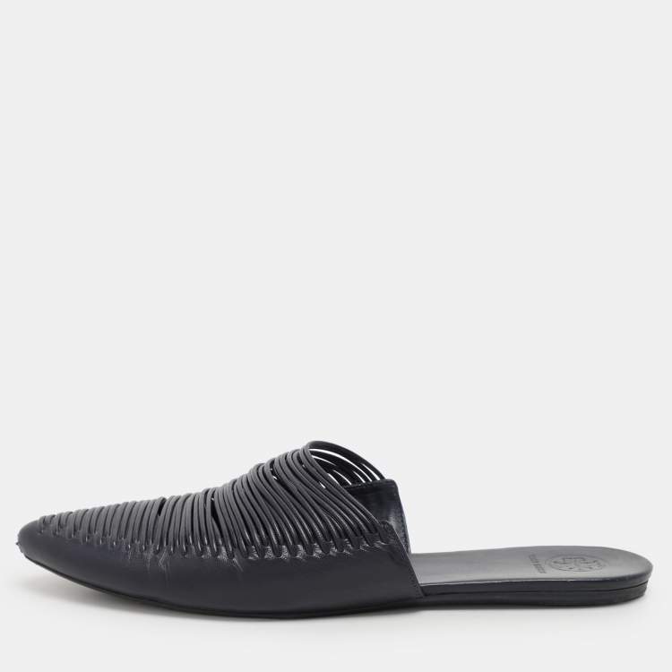 Pre Owned Tory Burch Navy Blue Leather Sienna Mules Size 38