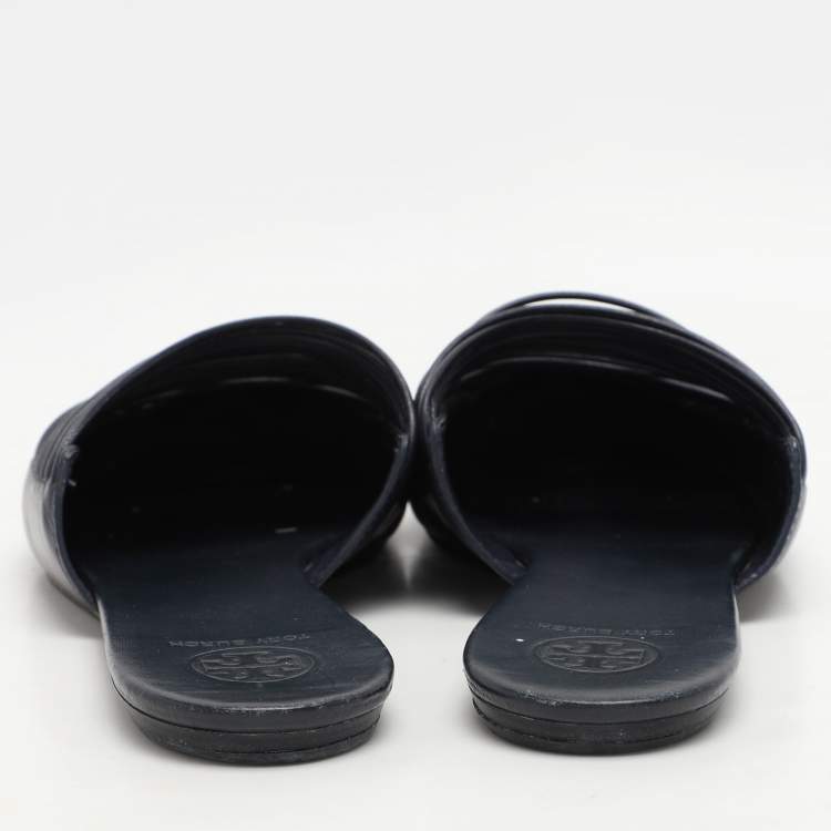 Pre Owned Tory Burch Navy Blue Leather Sienna Mules Size 38