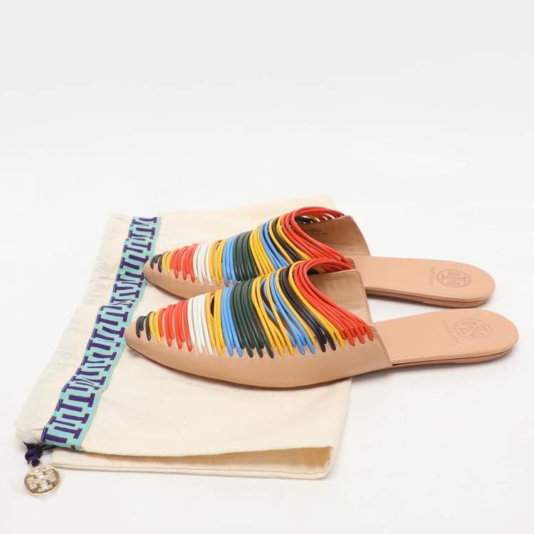 Pre Owned Tory Burch Multicolor Leather Rainbow Sienna Mules Size 38