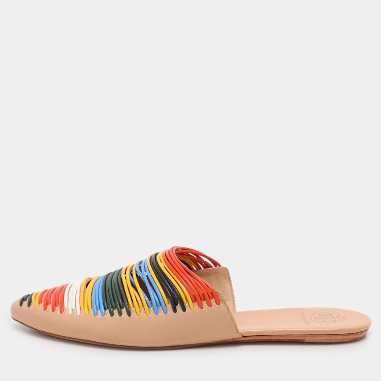 Pre Owned Tory Burch Multicolor Leather Rainbow Sienna Mules Size 38