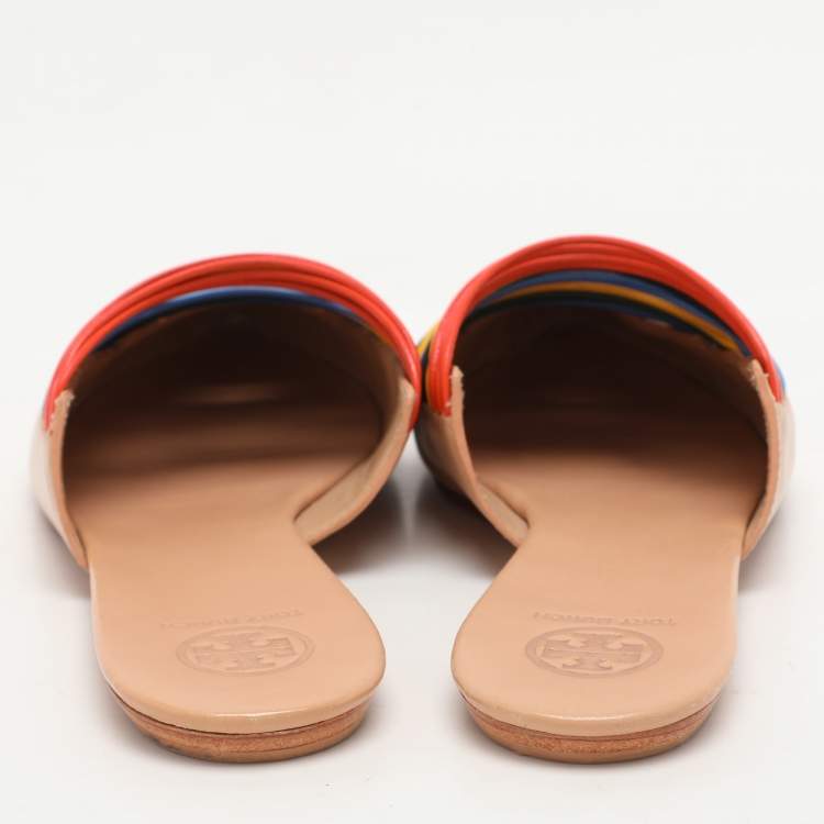 Pre Owned Tory Burch Multicolor Leather Rainbow Sienna Mules Size 38