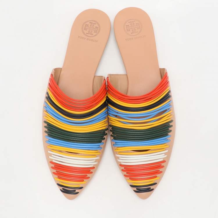 Pre Owned Tory Burch Multicolor Leather Rainbow Sienna Mules Size 38