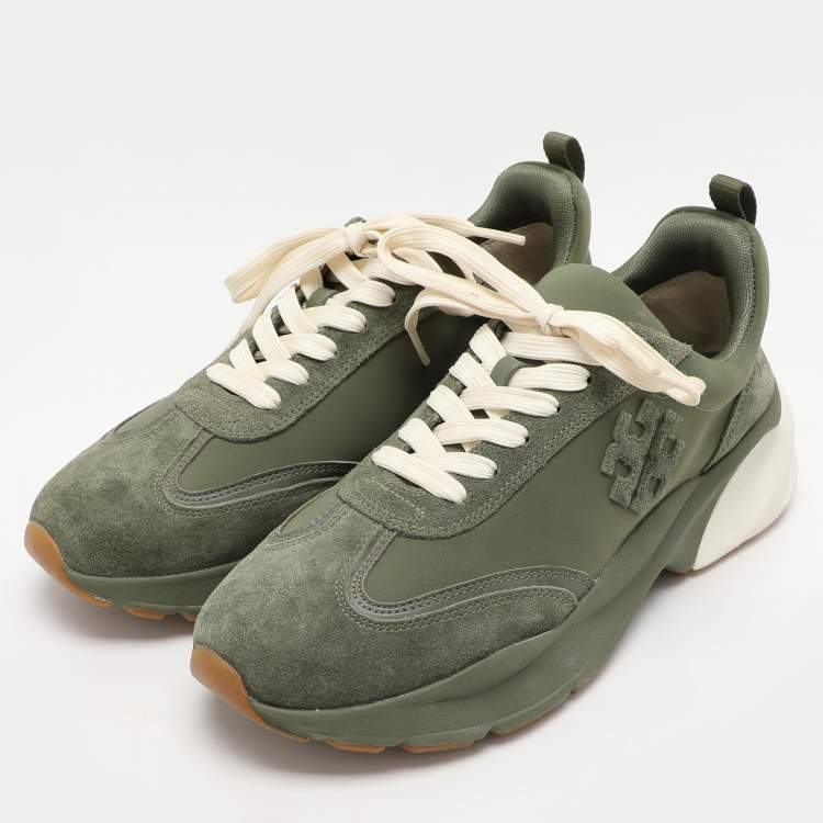 Pre Owned Tory Burch Green Suede and Fabric Good Luck Low Top Sneakers Size 40