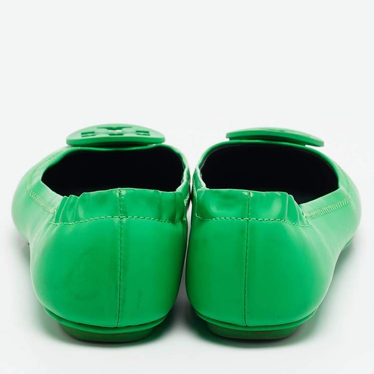Pre Owned Tory Burch Green Leather Minnie Scrunch Ballet Flats Size 35.5