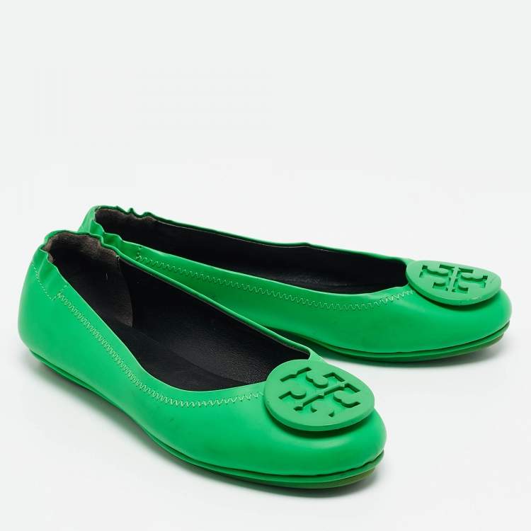 Pre Owned Tory Burch Green Leather Minnie Scrunch Ballet Flats Size 35.5