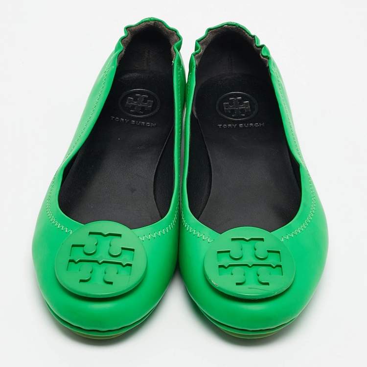 Pre Owned Tory Burch Green Leather Minnie Scrunch Ballet Flats Size 35.5