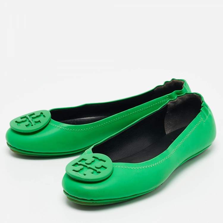 Pre Owned Tory Burch Green Leather Minnie Scrunch Ballet Flats Size 35.5