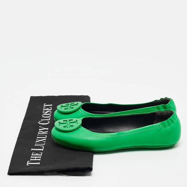 Pre Owned Tory Burch Green Leather Minnie Scrunch Ballet Flats Size 35.5