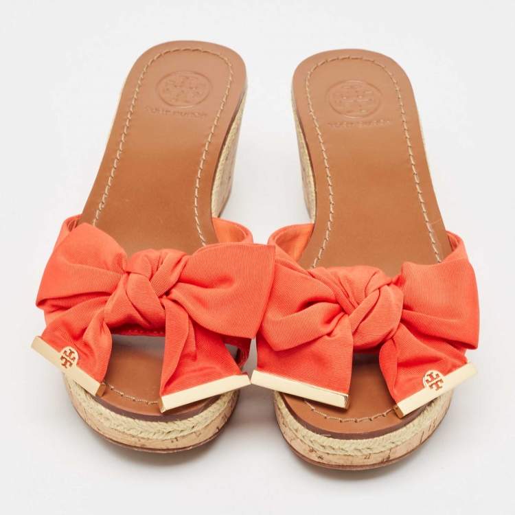 Pre Owned Tory Burch Orange Canvas Bow Cork Wedge Slide Sandals Size 35