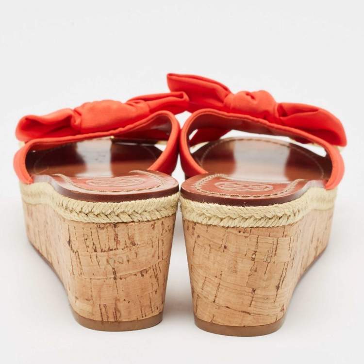 Pre Owned Tory Burch Orange Canvas Bow Cork Wedge Slide Sandals Size 35