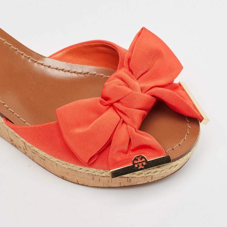Pre Owned Tory Burch Orange Canvas Bow Cork Wedge Slide Sandals Size 35