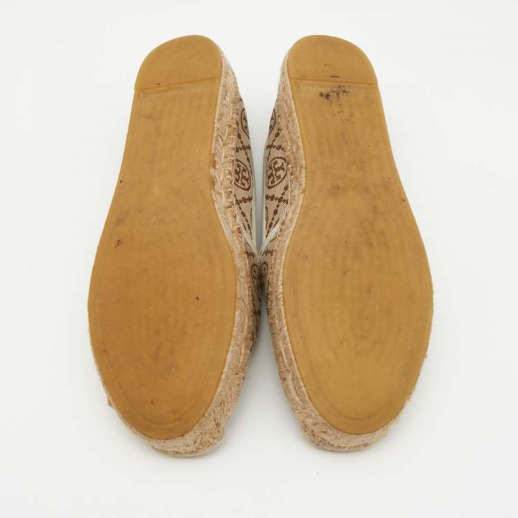 Pre Owned Tory Burch Brown/Beige T Monogram Canvas and Leather Espadrille Flats Size 38.5
