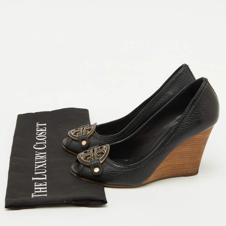 Pre Owned Tory Burch Black Leather Logo Peep Toe Wedge Pumps Size 38