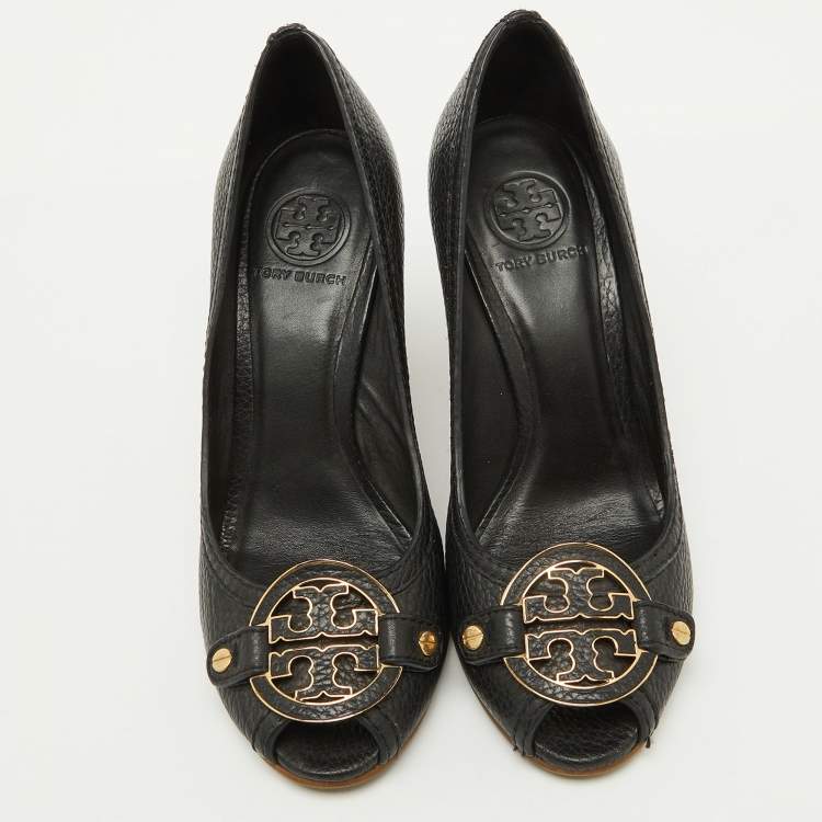 Pre Owned Tory Burch Black Leather Logo Peep Toe Wedge Pumps Size 38