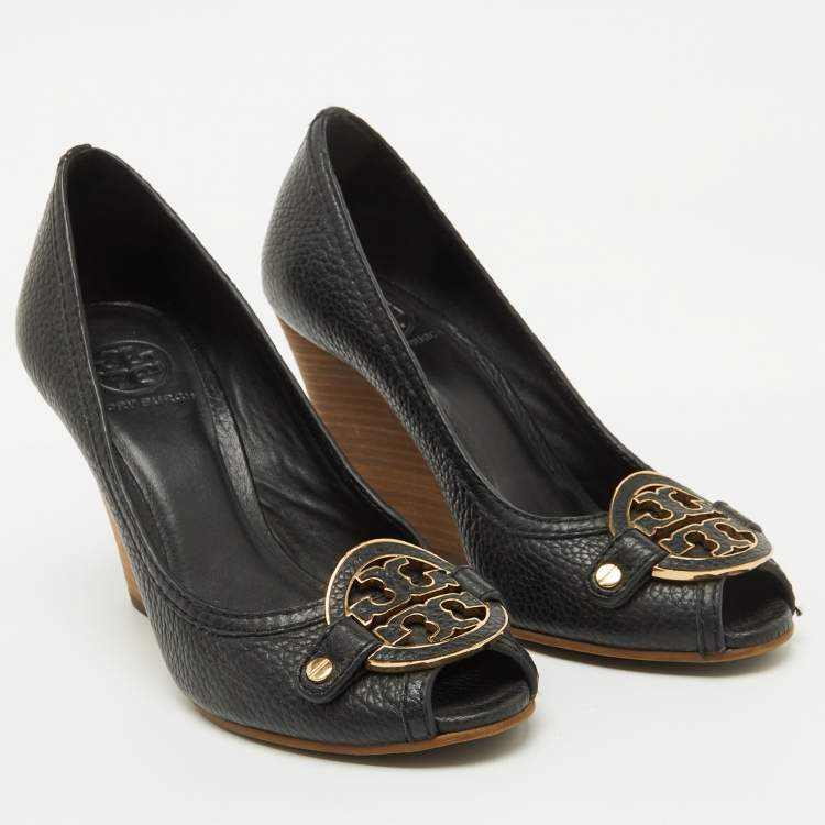 Pre Owned Tory Burch Black Leather Logo Peep Toe Wedge Pumps Size 38