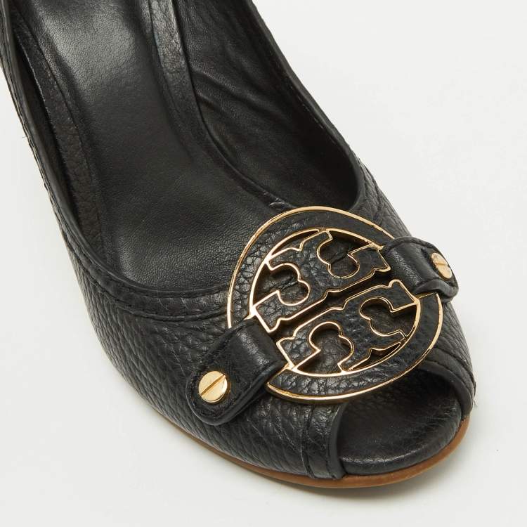 Pre Owned Tory Burch Black Leather Logo Peep Toe Wedge Pumps Size 38