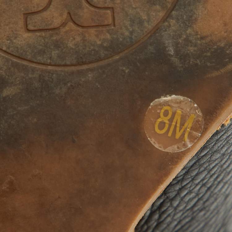 Pre Owned Tory Burch Black Leather Logo Peep Toe Wedge Pumps Size 38
