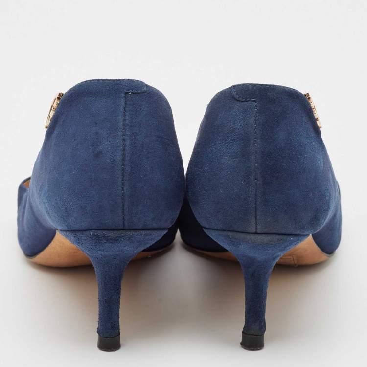 Pre Owned Tory Burch Blue Suede Elizabeth Pointed Toe Pumps Size 35.5