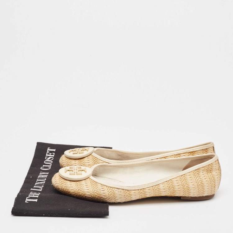Pre Owned Tory Burch Beige/Cream Raffia and Leather Reva Ballet Flats Size 40.5