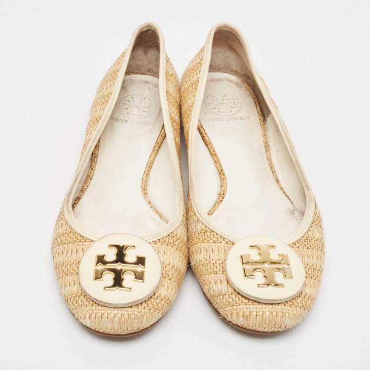 Pre Owned Tory Burch Beige/Cream Raffia and Leather Reva Ballet Flats Size 40.5