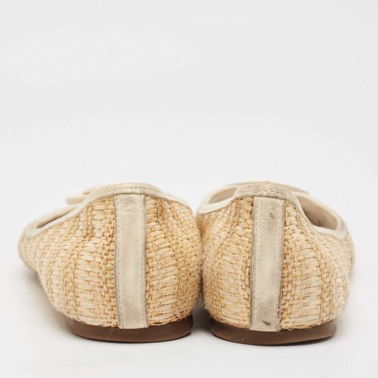Pre Owned Tory Burch Beige/Cream Raffia and Leather Reva Ballet Flats Size 40.5
