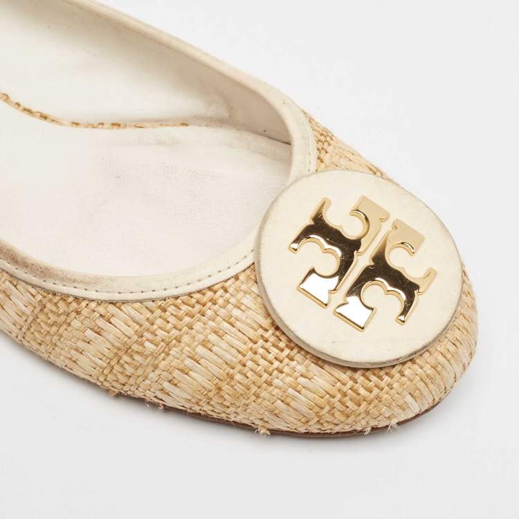 Pre Owned Tory Burch Beige/Cream Raffia and Leather Reva Ballet Flats Size 40.5