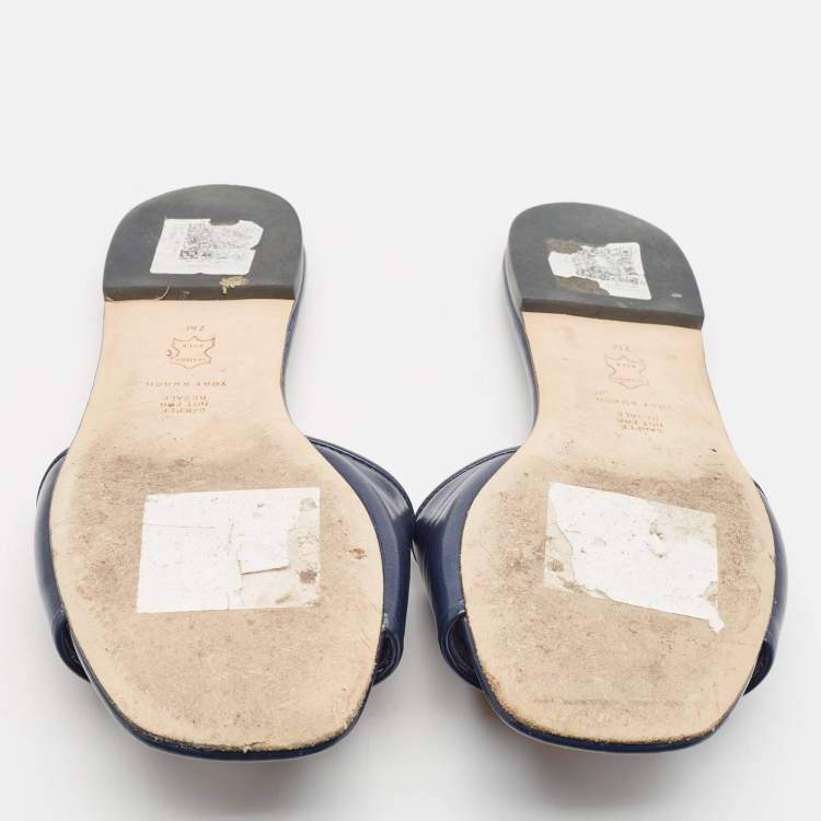 Pre Owned Tory Burch Navy Blue Leather eleanor Flat Sandals Size 37.5
