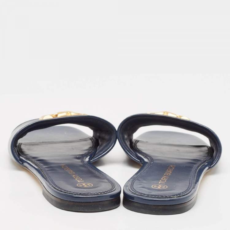 Pre Owned Tory Burch Navy Blue Leather eleanor Flat Sandals Size 37.5