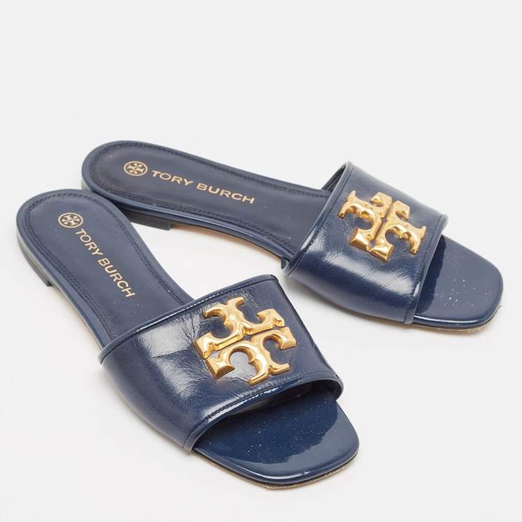 Pre Owned Tory Burch Navy Blue Leather eleanor Flat Sandals Size 37.5