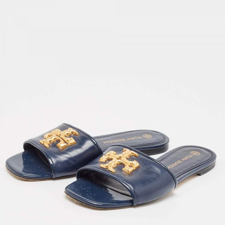Pre Owned Tory Burch Navy Blue Leather eleanor Flat Sandals Size 37.5
