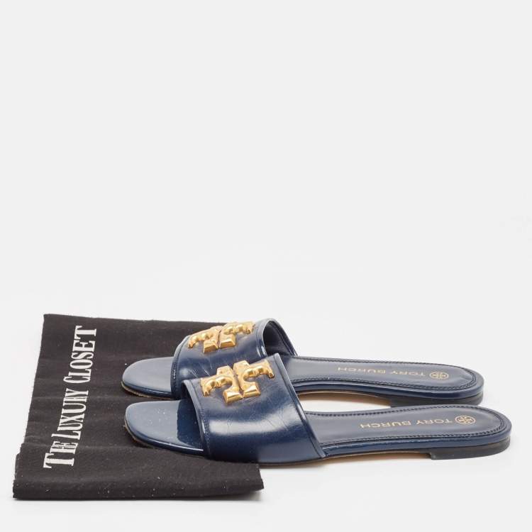 Pre Owned Tory Burch Navy Blue Leather eleanor Flat Sandals Size 37.5