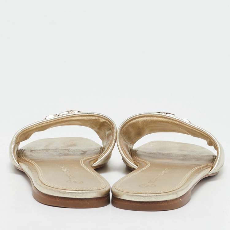 مملوكة مسبقًا Tory Burch Gold Leather Eleanor Flat Slides Size 37.5
