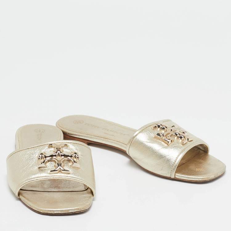 مملوكة مسبقًا Tory Burch Gold Leather Eleanor Flat Slides Size 37.5
