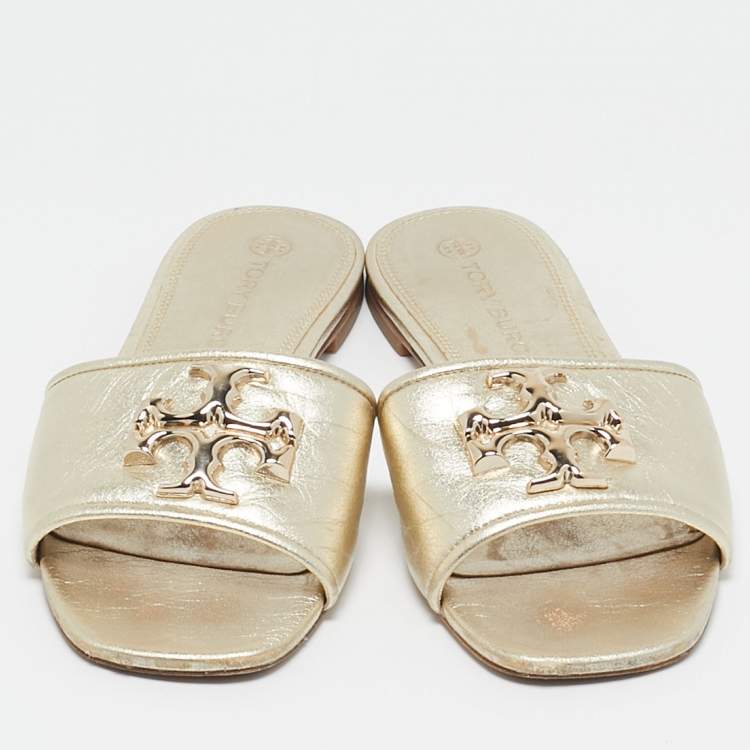 مملوكة مسبقًا Tory Burch Gold Leather Eleanor Flat Slides Size 37.5