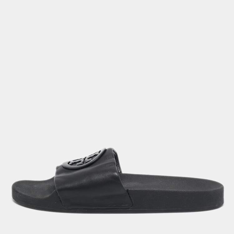 Pre Owned Tory Burch Black Leather Double T Flat Slides Size 39.5